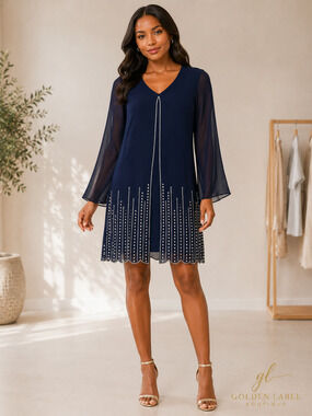 MSK Navy Beaded Hem Shift Dress Women M V-Neck Sheer Sleeve NWT